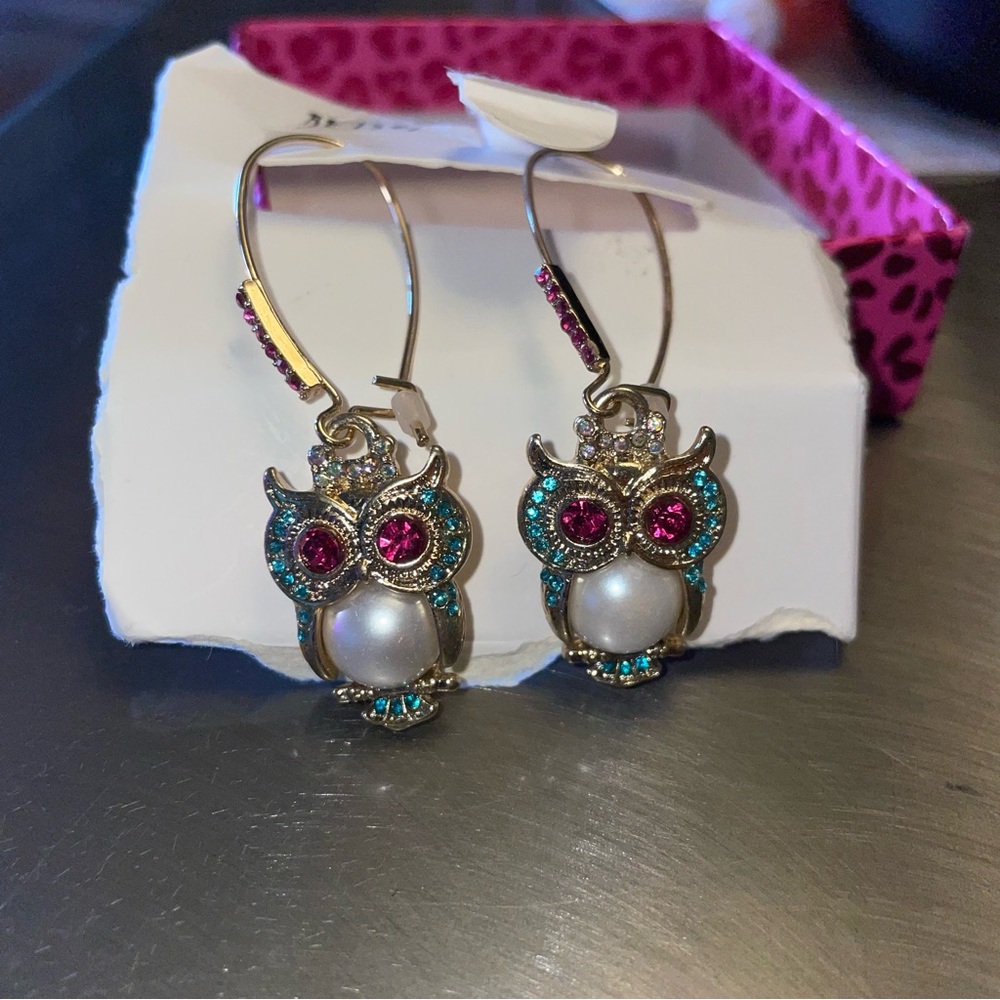 Betsey Johnson Pearl Critters Owl Costume Jewelry Drop Earrings NEW